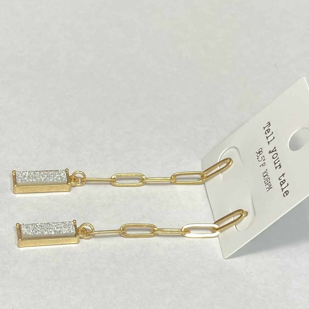 SILVER DRUZY & GOLD METAL CHAIN LINK 2.5” DANGLE POST EARRINGS - Picture 3 of 3
